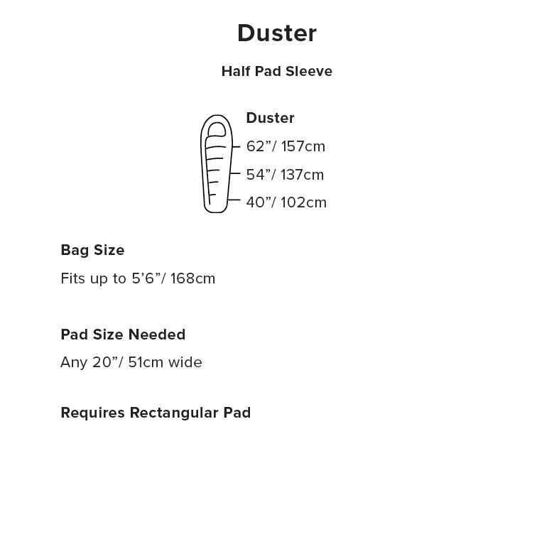 Big Agnes Duster Sleeping Bag Sizing Information